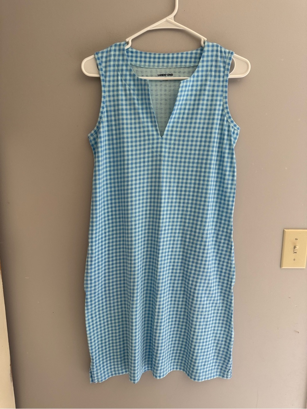 Lands End Women’s Blue Gingham Sleeveless Notch Neck Shift Dress SZ XS Preppy